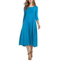 Casual Women Solid Color O Neck 3/4 Sleeve Waist Tight Large Swing Midi Dress S blue