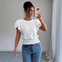 Women's Solid Color Casual Hollow Out Lace Sleeve Crew Neck Short Sleeve T-shirt, European American Style Spring Summer Top 1XL white