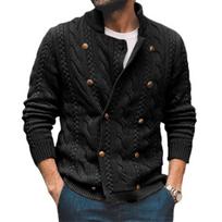 Men Sweater Coat Twisted Texture Long Sleeves Solid Color Stand Collar Double-breasted Keep Warm Buttons Elastic Men Spring Coat for Daily Wear 2XL black