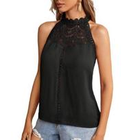 Halter Neck Women Vest Casual Tops Solid Color Lace Decoration Hollow Lace Stitching S