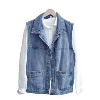 Women's Spring Age-Defying Workwear Denim Vest Solid Color Multi-Pocket Sleeveless Jacket 3XL