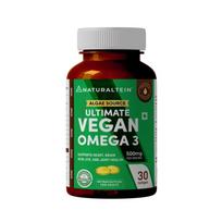 Naturaltein Ultimate Vegan Omega 3 (30 Softgels) | Algae Source DHA | 1000 mg Algae Oil & 500 mg DHA Per Serving | Plant-Based Omega 3 | Tested for
