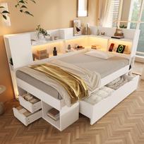 Sofa-lova 90x200 cm Balta Viengulė Jaunimo Lova, Medžio Plokštės Pagrindo, LED Apšvietimas, USB ir C tipo Įkrovimas, Lentynos ir Stalčiai, įsk.. Lamelinis rėmas (be čiužinio) 223 x 112 x 95 cm balta