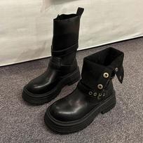 Women Retro British Style Thick Sole Solid Color Mid Calf Martin Boots 35