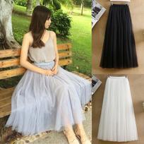 Women High Waist Mesh Slim Fit Solid Color Pleated Skirt M