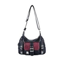 Punk Messenger Bag for Women Girls Stylish PU Leather Shoulder Bag Color Block Tote Bag Large Capacity Handbag Ins gray