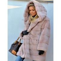 Medium and long solid color loose plush hooded coat imitation fur warm jacket shows thin style casual and versatile S