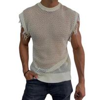 Men Vest Solid Color Round Neck Perspective Cutout Sleeveless Clubwear Ripped Knitted Men Tank Top Male Clothing M gray