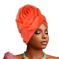 Traditional Raw Silk African Turban Caps Big Rose Flower Breathable Head Wraps Headwear Lightweight Bonnet Party Headgear red