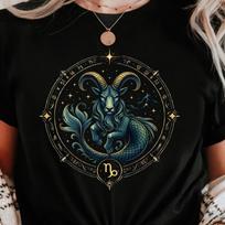 Capricorn Zodiac Shirt | Sea Goat Astrology Tee | Celestial Zodiac Graphic L black