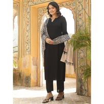 Gosriki Women' Rayon Blend Straight Solid Kurta With Pant & Dupatta (Jamana BlackVks01Gs Black XxLarge) L