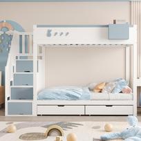 Bunk Bed Children's 90*200 cm, Rabbit and Carrot Motifs, Removable Storage Compartment, Safe Ladder, Drawers, Slatted Frame, Double Bed, White + Blue 252.5 x 95 x 167 cm