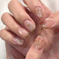 24Pcs Short Square Press On Nails With Golden Bow Design Reusable Stick On Fake Nails For Women beige
