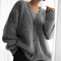 Women S V Neck Long Sleeve Loose Solid Faux Mink Knit Cardigan S