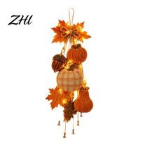 Fall Aesthetic Room Decor Rustic Pumpkin Hanging Swag, Wooden Ornament with Optional Warm Country Style Wall Art LED Lights, Front Door Hanger Without Light orange