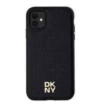 DKNY PU Leather Repeat Pattern Stack Logo MagSafe Case for iPhone 11, Black
