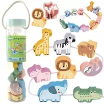 WOOPIE GREEN Montessori medinių vėrimo kaladėlių rinkinys „Zoo“, 13 dalių