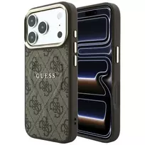 GUESS PU Leather 4G Gold Frame Embossed MagSafe Case for iPhone 18 Pro Max Brown
