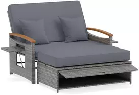 Lauko suoliukas su reguliuojamu atlošu ir pufu-daiktadėže, pilkas, 164/119 × 72–111 × 54,5–88 cm