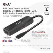 CLUB3D USB Gen2 Type-C to HDMI™ 8K60Hz or 4K120Hz HDR10+ with DSC1.2 with Power Delivery 3.0 Active Adapter M/F