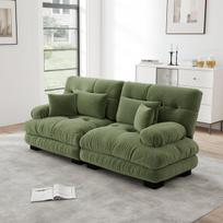Chenille kampinis sofa, masyvi mediena, 2 pagalvės, žalia