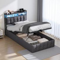 Viengulė lova 90x200 cm, paminkštinta lova su LED ir hidrauliniu sandėliavimu, pilka, linas