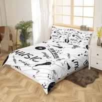 Muzikos temos patalynės komplektas 140 x 200 cm juodos ir baltos spalvos muzikos natų patalynė muzikos tema antklodės užvalkalas paaugliams retro muzikos mikrofono vinilo plokštelių kambario dekoras