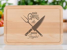 Didelė duonos lenta, buko medienos pjaustymo lenta su graviruote 'grillen', 30 x 20 x 1,5 cm ir sulčių grioveliu, alyvuotas paviršius, aukštos kokybės graviravimas lazeriu (mein Grill - meine Regeln)