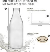 4 stikliniai buteliai 1000 ml sultims, pienui su 8 auksiniais dangteliais ir etiketėmis