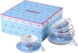 Kavos puodelio ir lėkštutės rinkinys, shabby chic vintage porcelianas, paukščių ir drugelių dizainas, gėlių dovanų dėžutė, rožių mėlyna, 11x8cm