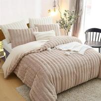 Tospass pliušinis patalynės komplektas 135 x 200 cm khaki spalvos, pūkuotas šiltas žieminis patalynės komplektas, dirbtinio kailio horizontalūs dryžiai, flanelinis vilnos kašmyro prisilietimo antklodės užvalkalas su užtrauktuku ir 1 pagalvės užvalkalas 80