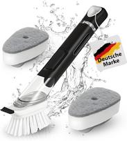 Indų plovimo šepetys su ploviklio dozatoriumi, virtuvinis šepetys, indų šepetys, indų plovimo šepetys, užpildomas plovikliu, juodas indų plovimo šepetys, rinkinys, kempinė, puodas, keptuvė