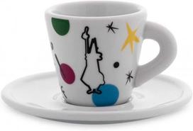 Bialetti 4 baltų porcelianinių espreso puodelių su lėkštutėmis rinkinys, 60 ml talpos, Mirò Kandisky Haring Matisse meno dekoracijos