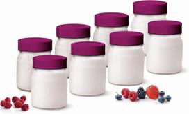 Little Balance 8539 stiklinis indelis jogurtui 190 ml, skaidrus indas, dangtelis slyvų spalvos