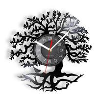 Tree of Life Laser Etching Vinyl Record Wall Clock Home Living Room Decoration Tree Shaped LED Backlight Silent Wall Watch gray