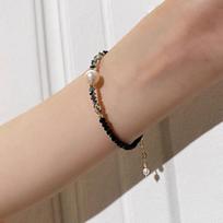 Minimalist Black Crystal & Natural Pearl Necklace for Women - Niche Design, High-End Feel, with Beaded Bracelet. beige