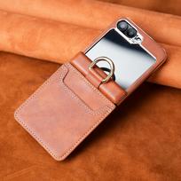 For Samsung Galaxy Z Flip 7 Electroplated Plain Leather Phone Case for Samsung Flip 6 Card Slot&Ring Shell+Film Integrated Cover Galaxy Z Flip 8 ruda
