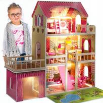 Lėlės namas Kinderplay medinis su LED apšvietimu, baldais ir garažu, 90 cm