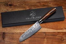 Wolfblood Santoku virtuvinis peilis (24 cm), damasko peilis - 67 sluoksnių damasko plienas - su tikro medžio rankena - profesionalus peilis su dovanų dėžute - universalus peilis - šefo peilis - biuro peilis