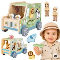 Medinis veiklos kubas TOOKY TOY Montessori, automobiliai ir safari rūšiuoklis
