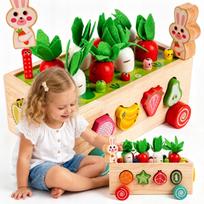 Medinis Montessori rūšiavimo vežimėlis su morkomis ir kirminais
