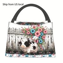 1pc Cute Cow & Floral Fence Design Insulated Lunch Bag - Reusable Portable Cooler Tote for Camping, Beach, Office, Home - Durabl One Size gray