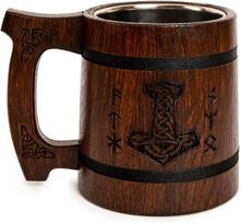 Teslyar vikingų bokalas 0.6 l ąžuolo medienos rudas – viduramžių thoro bokalas alui, alaus bokalas su thoro kūjo ir runų graviravimu, ideali dovana alaus mėgėjams, medinis bokalas-matavimo indas dovana vyrams