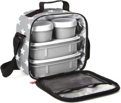 Tatay šaltkrepšis mažas, 3 l talpos, 4 plastikiniai maisto indai (2 x 0,5 l, 2 x 0,2 l) be Bpa, pilkas su žvaigždėmis. Matmenys: 22,5 x 10 x 22 cm