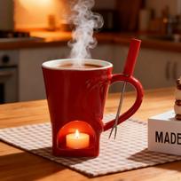 Mini Ceramic Fondue Mug with Fork 3.3x4.3inch Accessories Multifunctional Easy to Clean for brown