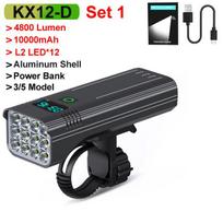 NEWBOLER 12 LED dviračio žibintas 4800 liumenų USB įkraunamas aliuminio MTB dviračio žibintas 10 000 mAh Power Bank priekinių žibintų dviratis KX12-D Set 1 gray