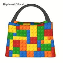 1pc Building Block Pattern Insulated Lunch Bag - Reusable Portable Cooler Tote with Sturdy Handles, Durable Polyester for Campin One Size yellow