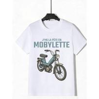 White T-Shirt with Moped Graphic And French Text for Streetwear Fashion 5XL balta