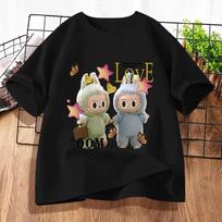 Cute Labubu Cartoon Printed T-shirt, Summer New Children's Round Neck Short Sleeved, Suitable for Girls Aged 4-14 150 gray