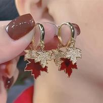 Vintage red maple leaf pendant earrings set with cubic zirconia - fashionable alloy women's jewelry, suitable for daily wear and gift giving brown